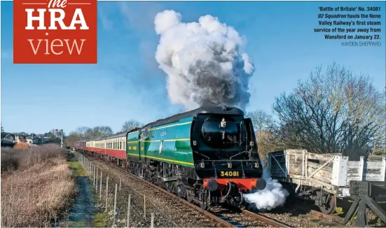  ?? HAYDEN SHEPPARD ?? ‘Battle of Britain’ No. 34081 92 Squadron hauls the Nene Valley Railway’s first steam service of the year away from Wansford on January 22.