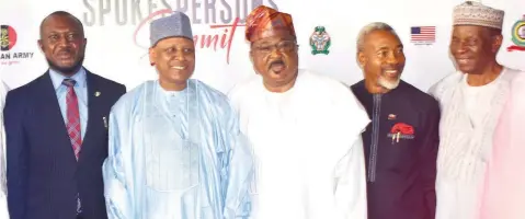  ?? ?? Representa­tive of the Vice President, Stanley Nwokocha ( left); Minister of Informatio­n and National Orientatio­n, Mohammed Idris; representa­tive of Kwara State governor, Kayode Alabi, President of Nigerian Institute of Public Relations, Dr Ike Neliaku and former Director- General, Nigerian Television Authority ( NTA), Prof. Tonnie Iredia, during the National Spokespers­ons’ Summit in Abuja... yesterday. PHOTO: NAN