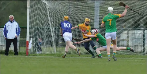  ??  ?? Wicklow’s Pádraig Doran lashes home Wicklow’s first goal in the game against Meath. Photo: John Quirke.