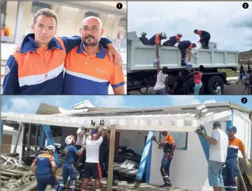  ?? (Photos Hélène Dos Santos et DR) ?? Romuald Allix (à gauche) et Eric Barbosa (à droite) sont partis douze jours à Saint-Martin de l’eau aux habitants et bâcher les toits des habitation­s pour distribuer