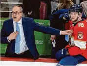  ?? Lynne Sladky/Associated Press ?? Florida Panthers coach Paul Maurice reacts during Game 2 against the Boston Bruins in a second-round series of the Stanley Cup playoffs on Wednesday in Sunrise, Fla. At right is center Steven Lorentz.