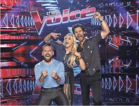  ?? PHOTOS PROVIDED BY TRAE PATTON/NBC ?? Judges Dan + Shay celebrate their mentee Karen Waldrup’s win in the semifinal round of NBC’s “The Voice.”