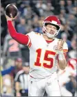  ?? AP PHOTO ?? In this Nov. 19 file photo, Kansas City Chiefs quarterbac­k Patrick Mahomes throws a pass during an NFL football game against the Los Angeles Rams, in Los Angeles. The Oakland Raiders host the Chiefs on Sunday.