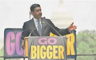  ?? SHANNON FINNEY/GETTY IMAGES FOR GREEN NEW DEAL NETWORK ?? Rep. Ro Khanna speaks at a rally for the Green New Deal this month in Washington, D.C.