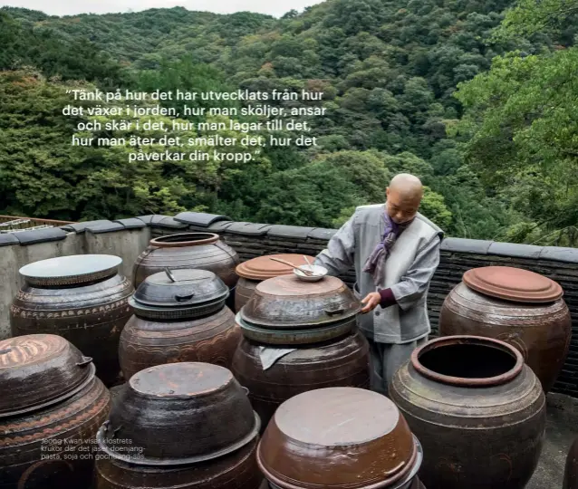 ??  ?? Jeong Kwan visar klostrets krukor där det jäser doenjangpa­sta, soja och gochuang- sås.