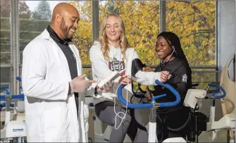  ?? ?? Dr. Shawn Munford, professor of exercise science, runs a lab with students Ashley Goebeler and Oluwatobi Adebayo in ESU’s Koehler Fieldhouse. ESU prides itself on its commitment to student success and offers many resources to help deliver affordable and accessible opportunit­ies in dozens of academic programs.