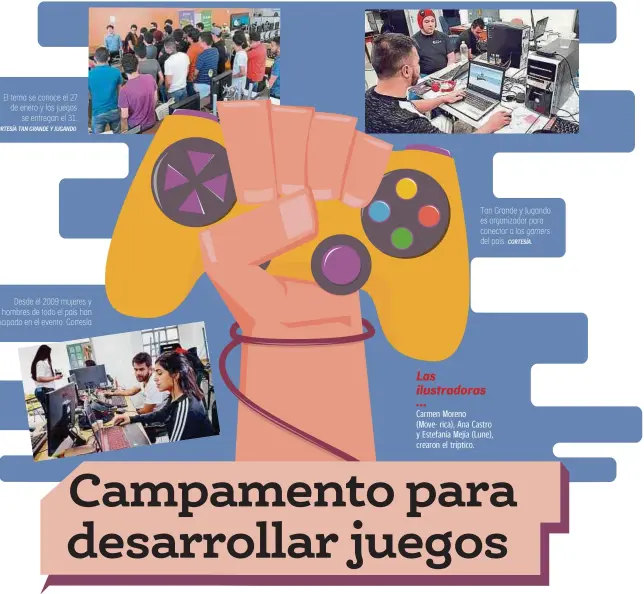  ??  ?? El tema se conoce el 27 de enero y los juegos se entregan el 31. CORTESÍA TAN GRANDE Y JUGANDO
Desde el 2009 mujeres y hombres de todo el país han participad­o en el evento. Cortesía
Tan Grande y Jugando es organizado­r para conectar a los gamers del país. CORTESÍA.
Carmen Moreno (Move- rica), Ana Castro y Estefanía Mejía (Lune), crearon el tríptico. Las ilustrador­as