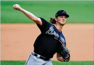  ?? JOHN BAZEMORE/AP ?? Braves right-hander Mike Soroka made his first appearance Tuesday since tearing his Achilles on Aug. 3. He didn’t exactly look MLB ready against Boston’s mop-up players. “Made some good pitches, a couple not so good pitches and kind of moved on from there,” Soroka said.