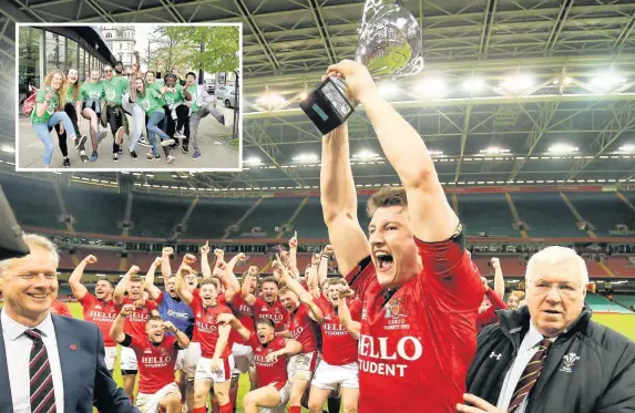  ?? Gareth Everett ?? > Cardiff University captain Jay Williams celebrates after receiving the Varsity Trophy from President of the WRU Dennis Gethin and, inset, Varsity supporters in Cardiff ahead of the game yesterday