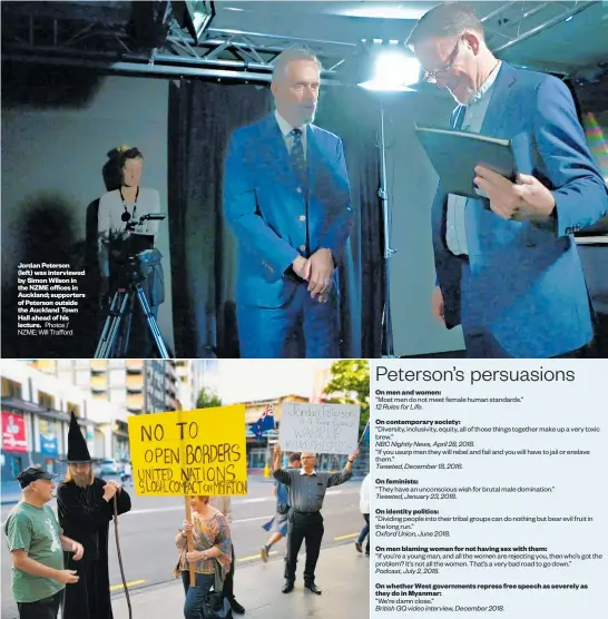  ?? Photos / NZME; Will Trafford ?? Jordan Peterson (left) was interviewe­d by Simon Wilson in the NZME offices in Auckland; supporters of Peterson outside the Auckland Town Hall ahead of his lecture.