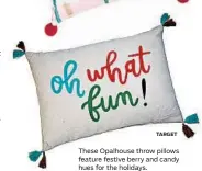  ?? TARGET ?? These Opalhouse throw pillows feature festive berry and candy hues for the holidays.