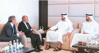  ?? WAM ?? Shaikh Mohammad Bin Zayed with Mohammad Abdullah Yadoumi, chairman of the Yemeni Al Islah party and Abdul Wahab Ahmad Al Anisi, party’s secretary-general, in Abu Dhabi yesterday.