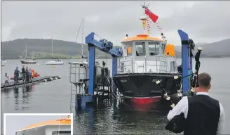  ??  ?? The new boat is launched to the skirl of the pipes; and left, Edwin Payne is all smiles as Sula III is sent on her way.