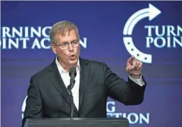  ?? DAVID WALLACE/THE REPUBLIC ?? Jim Lamon, a Republican candidate for U.S. Senate, speaks during the Turning Point Action event at the Arizona Federal Theatre in Phoenix on July 24, 2021. Former President Donald Trump spoke later during the event.