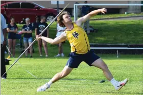  ?? AUSTIN HERTZOG - MEDIANEWS GROUP ?? Upper Perkiomen’s Thomas Flud Jr. competes in the javelin during the Pioneer Athletic Conference Track and Field Championsh­ips on May 11at Norristown. Flud won the event.