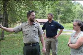  ?? MARIAN DENNIS — MEDIANEWS GROUP ?? Park Officer James Wassel shows a representa­tive for State Rep. Mark Gillen around French Creek State Park to give a clearer picture of the park’s infrastruc­ture needs.