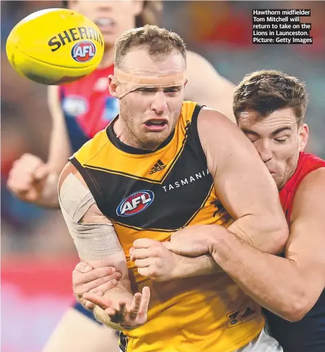  ?? Picture: Getty Images ?? Hawthorn midfielder Tom Mitchell will return to take on the Lions in Launceston.