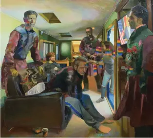  ??  ?? 2
Prince, Bowie and George Michael waiting in Leonard Cohen’s Trailer for Their Extra Cameos, oil on linen, 60 x 66"
2