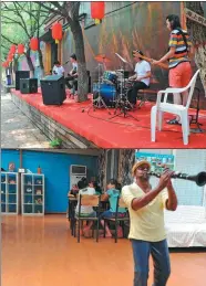  ?? PHOTOS BY MU YU / XINHUA ?? From top: A band performs in a street in Zhouwo village in Wuqiang county, Hebei province, during a music festival. A foreign musician plays clarinet at a cafe in the village.