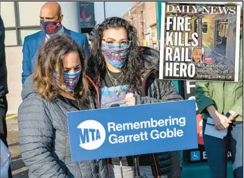  ??  ?? Delilah Goble (center), wife of Garrett Goble, and his mother, Vicki Goble, speak at Brooklyn station, where Goble’s heroism will be honored.