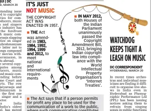  ??  ?? The Act says that if a person permits for profit any place to be used for the communicat­ion of a work to the public, where such communicat­ion constitute­s an infringeme­nt of the copyright in the work, unless he was not aware and had no reasonable ground...