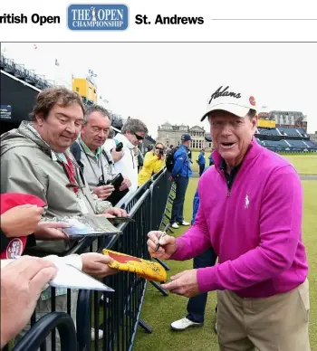  ?? Brian Spurlock/USA Today ?? Tom Watson signs autographs after a practice round at St. Andrews this week. Watson begins his final British Open today.