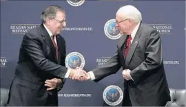  ?? Myung J. Chun Los Angeles Times ?? FORMER CIA Director Leon E. Panetta, left, and former Vice President Dick Cheney conclude a panel at the Reagan National Defense Forum in Simi Valley.