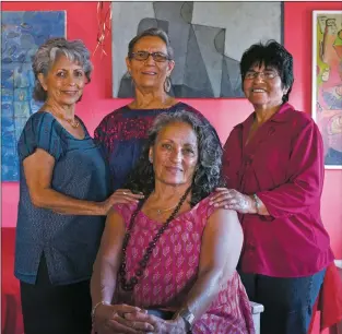  ?? Morgan Timms ?? Dr. Maria Dolores Gonzales, center, earned her doctorate in sociolingu­istics at the University of New Mexico and now fosters a writing group Nuestras Voces Chicanas in Taos. Behind her from left are fellow writers: Erlinda Gonzales-Berry, Rosa Padilla and Joanna Vidaurre-Trujillo on Tuesday (Sept. 18) at Las Pistoleras Instituto Cultural De Arte in El Prado.