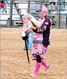  ?? MARK HUMPHREY ENTERPRISE-LEADER ?? Jerry Casey, also known as “The Sarge,” rodeo clown for the 64th annual Lincoln Rodeo, rescued a junior cowboy, whose stick horse was going the wrong direction on May 17, 2017. The 2018 Lincoln Rodeo co-sanctioned by the ACRA and IPRA starts at 8 p.m. Thursday, Aug. 9, and runs through Saturday.