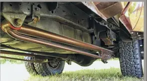  ??  ?? A set of tube-style lateral traction bars from Pro Comp help keep the Dana 80 and rear leaf springs from becoming unsettled under power. Ken had the bolt-on style bars paint-matched to the rest of the truck for a uniform look.