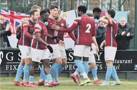  ?? ?? South Shields players celebrate Dillon Morse’s goal. Picture by Kev Wilson.