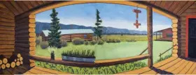  ??  ?? Jackson Hole Art Blog, Tcross (Sully’s Place), 2019, oil on canvas, 36 x 96”, by Mike Piggott. Courtesy Tayloe Piggott Gallery.