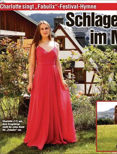  ??  ?? Charlotte (17) aus dem Erzgebirge stellt ihr rotes Kleid für „Fabulix“vor.