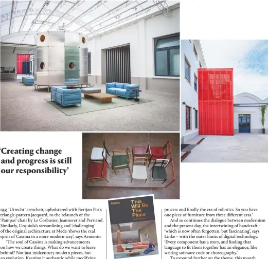  ??  ?? Clockwise from top left, a replica of Charlotte Perriand and Pierre Jeanneret’s 1938 Refuge Tonneau takes centre stage in the communal area of Cassina’s Meda HQ; the renovated central courtyard now features an ‘office tower’ in Cassina-red perforated...