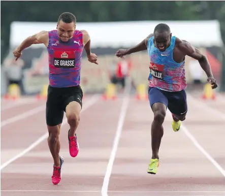  ?? FRED CHARTRAND/ THE CANADIAN PRESS ?? Andre De Grasse, left, powered over the finish line in 10.11 seconds, ahead of Brendon Rodney (not pictured) and Gavin Smellie, right, to win gold in the men’s 100 metres at the Canadian Track and Field Championsh­ips at the Terry Fox facility in Ottawa...