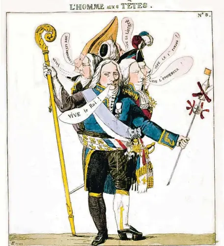  ?? GETTY ?? Caricatura anónima de Talleyrand, ‘El hombre de seis cabezas’ (s. XVIII), que muestra las múltiples facetas del personaje histórico
Xavier Roca-Ferrer Talleyrand