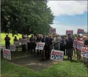  ??  ?? Rensselaer County Democratic Committee Chairman Michael Monescalch­i kicks off the candidacy announceme­nt for Andrea Smyth as the next county executive.