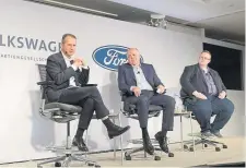  ?? Michael Noble Jr., © The New York Times Co. ?? From left, chief executives Herbert Diess of Volkswagen, Jim Hackett of Ford Motor and Bryan Salesky of Argo AI gathered in Manhattan on July 12, 2019.