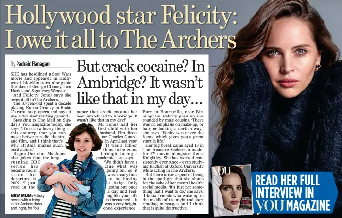  ??  ?? NEW MUM: Felicity poses with a baby in her Archers days and, right, for You