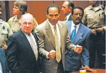  ?? ASSOCIATED PRESS FILE PHOTO ?? Simpson reacts Oct. 3, 1995, with defense attorneys F. Lee Bailey, left, and Johnnie Cochran Jr. as he is found not guilty in the deaths of Nicole Brown Simpson and Ron Goldman.
