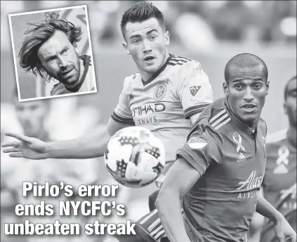  ?? USA TODAY Sports; Bill Kostroun ?? AT A LOSS: NYCFC midfielder Jack Harrison (left), fighting for the ball, saw his team’s five-game unbeaten streak ended — with help from a gaffe by veteran Andrea Pirlo — by Portland on Saturday at Yankee Stadium.