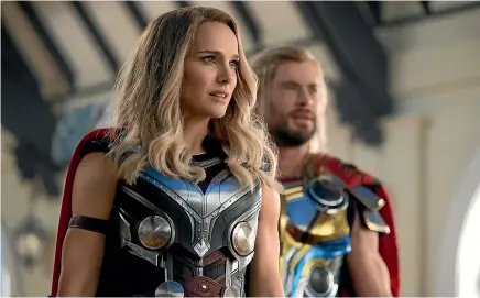  ?? ?? Chris Hemsworth, Christian Bale and Natalie Portman in the Taika Waititi-directed Thor: Love and Thunder. It doesn’t all work, but even the moments of lunacy are well thought through.