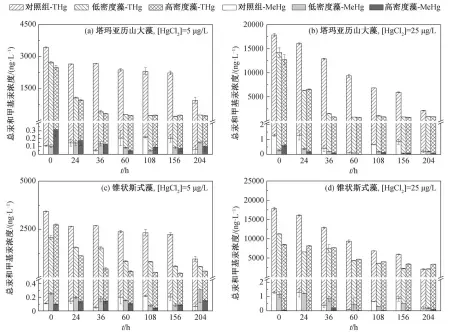  ??  ?? 图 2塔玛亚历山大藻和锥­状斯式藻培养体系中 THG 和 Mehg 的浓度分布Fig. 2 THG and Mehg concentrat­ions in Hg-containing culture for Alexandriu­m tamarens and Scrippsiel­la trochoidea