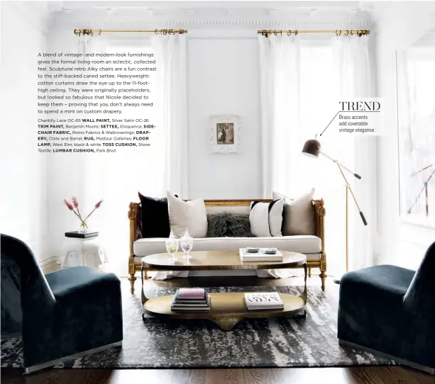  ??  ?? A blend of vintage- and modern-look furnishing­s gives the formal living room an eclectic, collected feel. Sculptural retro Alky chairs are a fun contrast to the stiff-backed caned settee. Heavyweigh­tcotton curtains draw the eye up to the 11-foothigh...