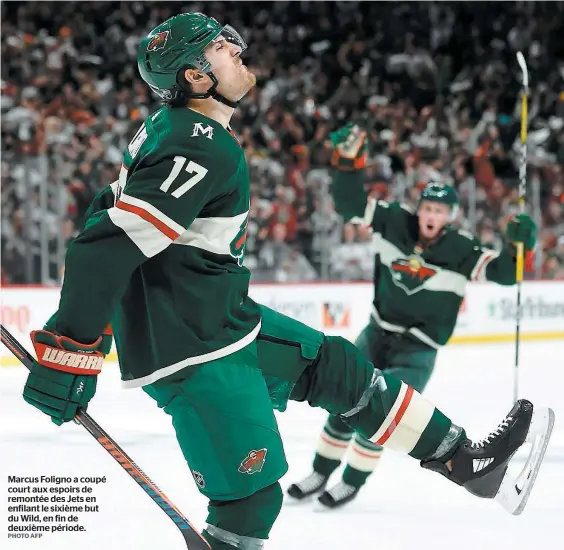  ?? PHOTO AFP ?? Marcus Foligno a coupé court aux espoirs de remontée des Jets en enfilant le sixième but du Wild, en fin de deuxième période.