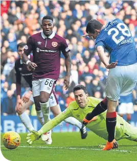  ??  ?? Jamie Murphy scores the opener past the despairing Jon Mclaughlin in the Hearts goal