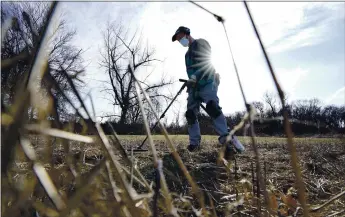  ?? STEVEN SENNE — THE ASSOCIATED PRESS ?? Amateur historian Jim Bailey uses a metal detector to scan for Colonial-era artifacts in a field in Warwick, R.I., on Thursday.