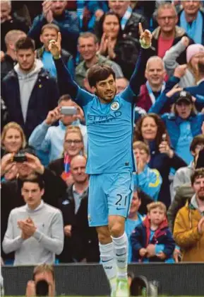  ?? EPA PIC ?? Manchester City’s David Silva celebrates scoring the opening goal during their Premier League match against Crystal Palace last Saturday. City won 5-0.