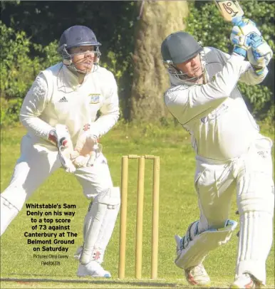  ?? Pictures: Chris Davey FM4806378 ?? Whitstable’s Sam Denly on his way to a top score of 73 against Canterbury at The Belmont Ground on Saturday