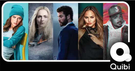  ??  ?? LOTS TO SEE: This composite released by Quibi shows images from programs offered on the new service, from left, Anna Kendrick from ‘Dummy,’ Sophie Turner, who stars in ‘Survive,’ Liam Hemsworth, who stars in ‘Most Dangerous Game,’ Chrissy Teigen in ‘Chrissy’s Court’ and Chance the Rapper in ‘Punk’d.’